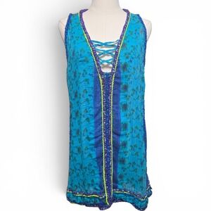 Popette St Barth Women Turquoise Cotton Floral Lace Up Tunic Swim Cover Up M